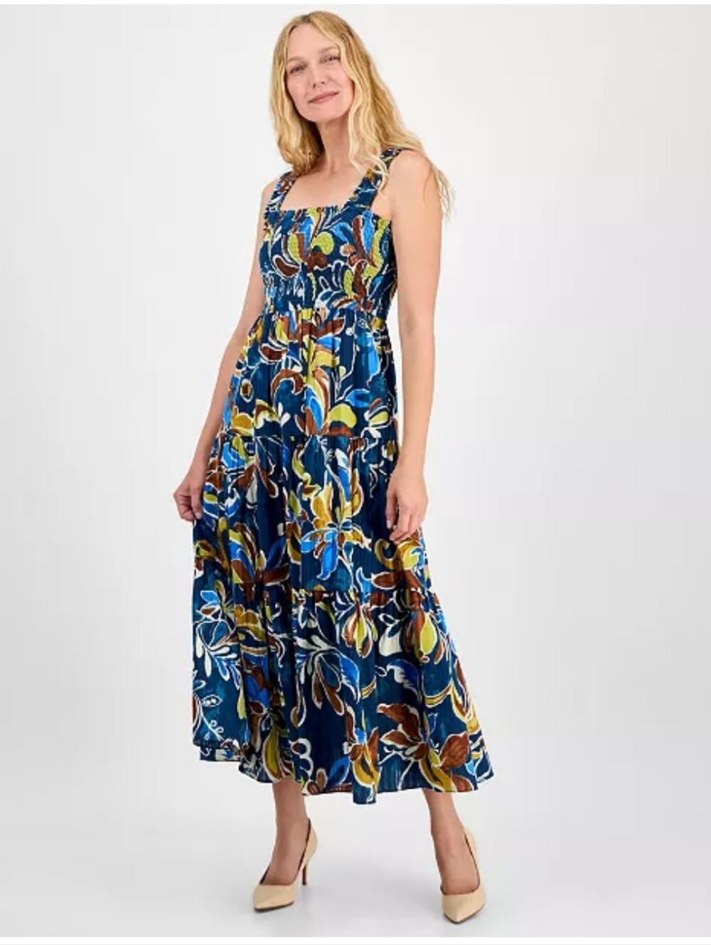 NWT Anne Klein Dress S Blue Floral Smocked Tiered Maxi Sundress $149